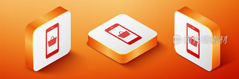 Isometric Mobile phone and shopping basket icon isolated on orange background. Online buying symbol. Supermarket basket symbol. Orange square button. Vector